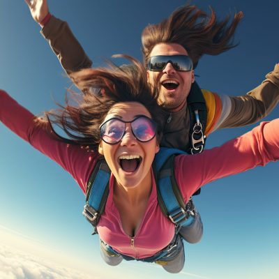 A happy couple jumps with a parachute, experiencing the thrill of adventure and freedom, and enjoying the magnificent views from above. AI Generative AI.